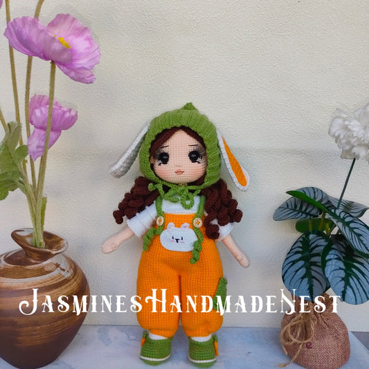 Handmade Crochet Bunny Girl Doll – Cute Amigurumi Plush Toy, Soft Knitted Rabbit Doll, Adorable Gift for Kids, Birthday Present, Nursery Decoration, Unique Collectible for Doll Lovers and Children