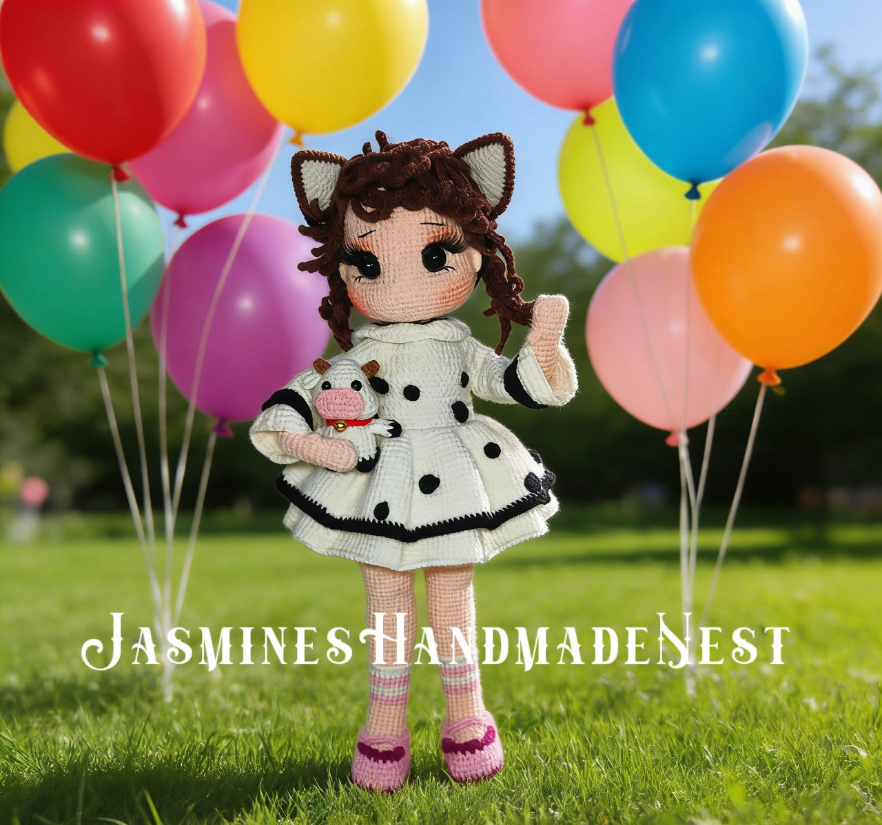 Handmade Crochet Doll Set - Cow & Cat Amigurumi Dolls with Plush Pets, Custom Stuffed Art Doll Gift for Her