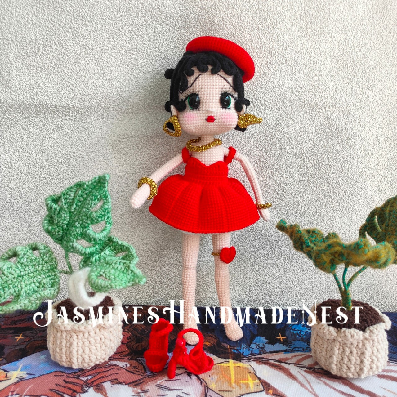 Handmade Crochet Girl Doll – Cute Red Dress Plush Toy – Amigurumi Gift for Kids or Collectors – Soft and Cuddly Room or Nursery Decor