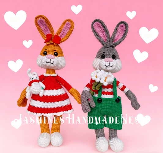 Handmade Crochet Bunny Couple – Amigurumi Rabbit Plush Dolls – Cute Stuffed Animal Gift for Birthday, Christmas, Easter, or Valentine’s Day