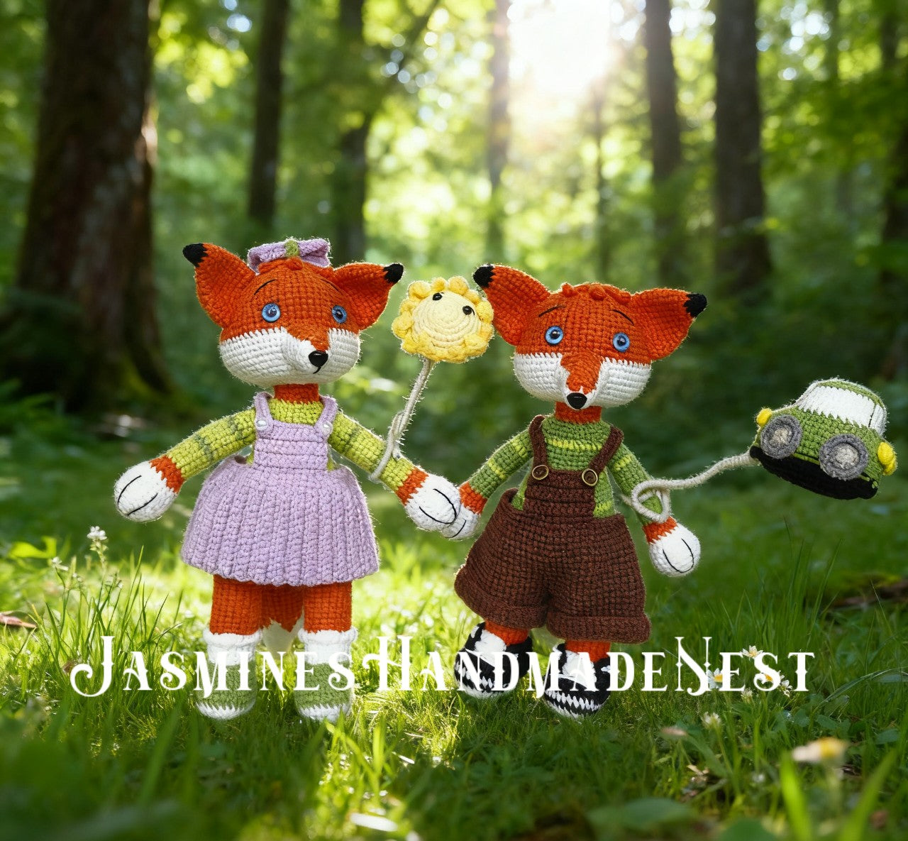 Handmade Crochet Fox Couple – Amigurumi Woodland Plush Toy Set – Cute Stuffed Fox Dolls for Kids, Nursery Decor, Birthday, Autumn or Valentine Gift