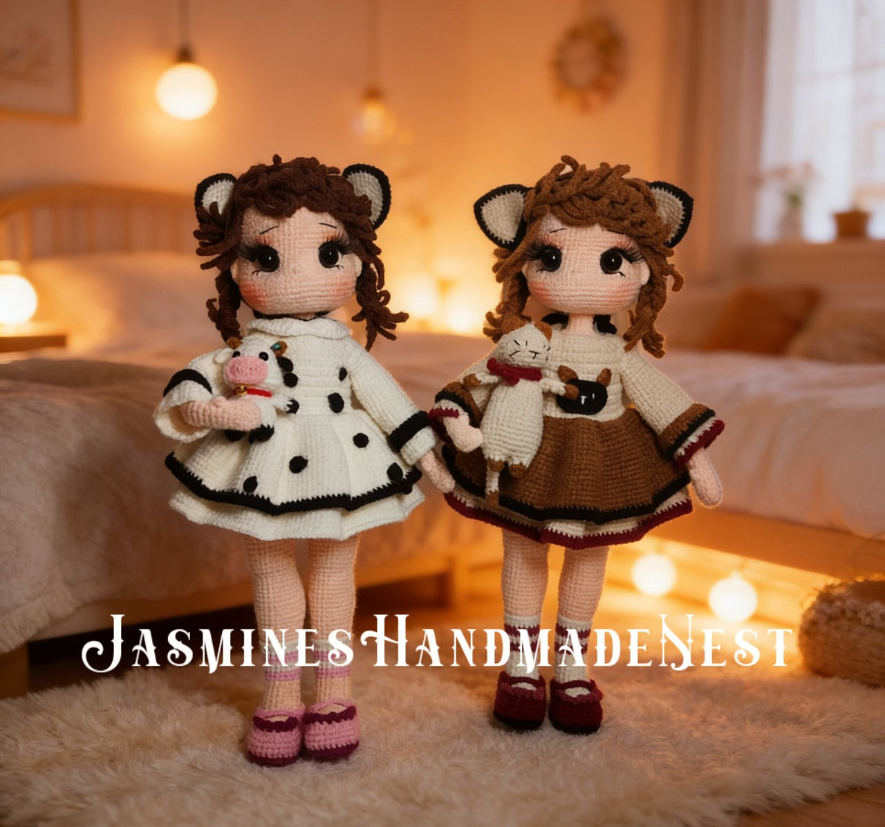 Handmade Crochet Doll Set - Cow & Cat Amigurumi Dolls with Plush Pets, Custom Stuffed Art Doll Gift for Her